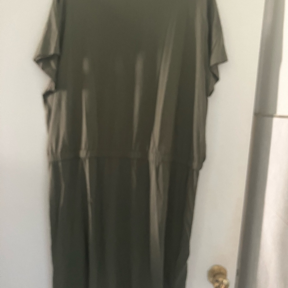 DKNY blouson style shirt dress in olive green tie waist - Picture 4 of 9